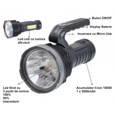 Lanterna Led 4 Faze cu Acumulator si Cob Led